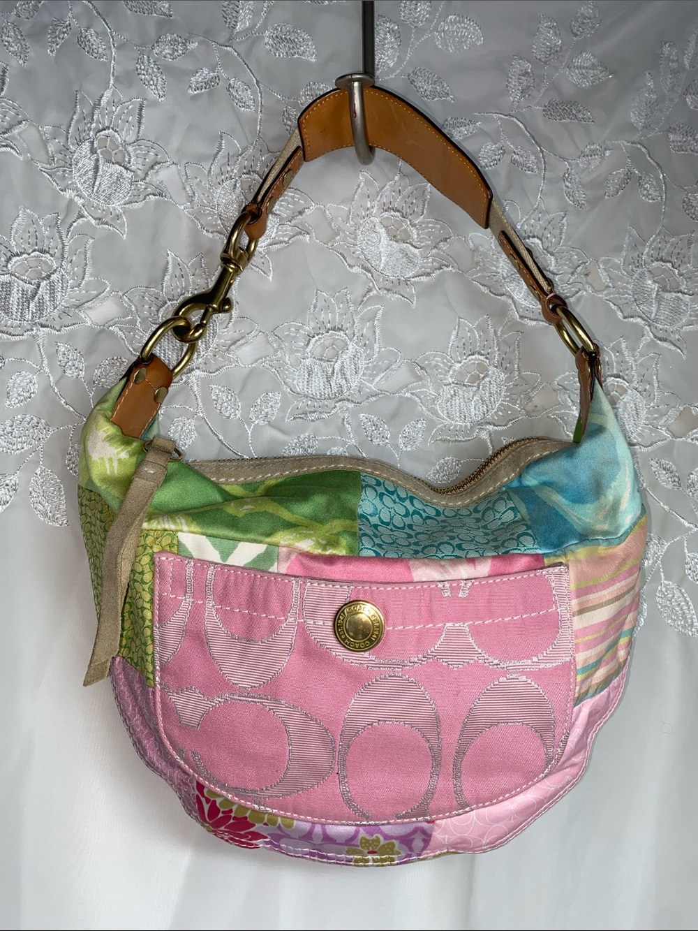 Vintage Coach 374 Hamptons Patchwork Pink Multicolor Canvas Shoulder Bag